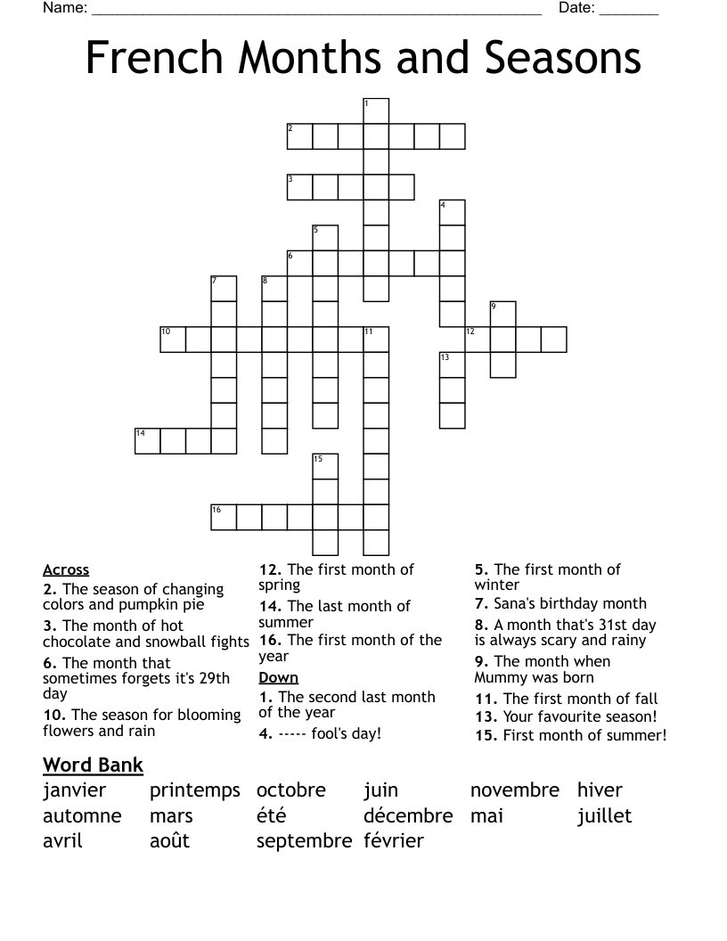 French Months And Seasons Crossword WordMint