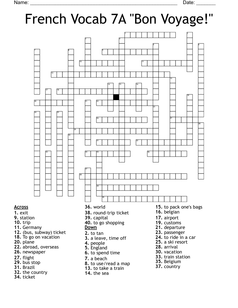 French Vocab 7A Bon Voyage Crossword WordMint