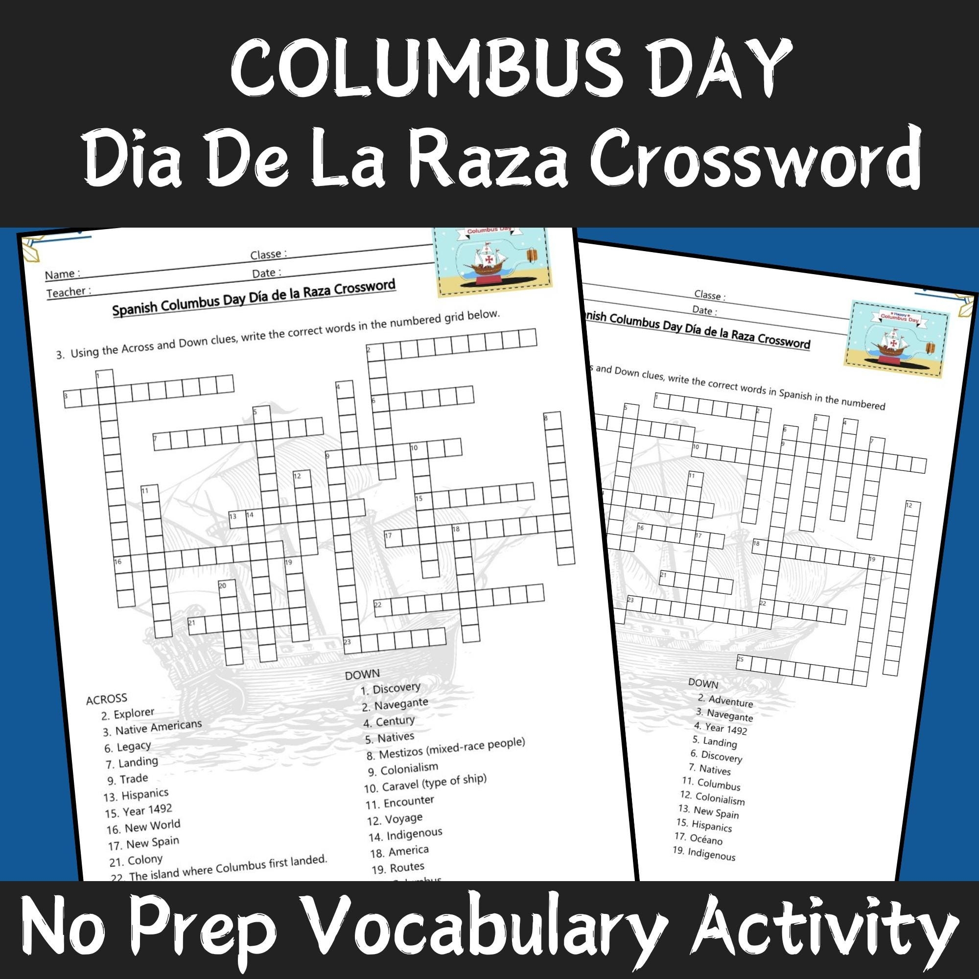 Fun Spanish Columbus Day CRUCIGRAMA Large Print D a De La Raza 3 Crossword Puzzles Vocabulary Activity Instant Download Digital Product Etsy
