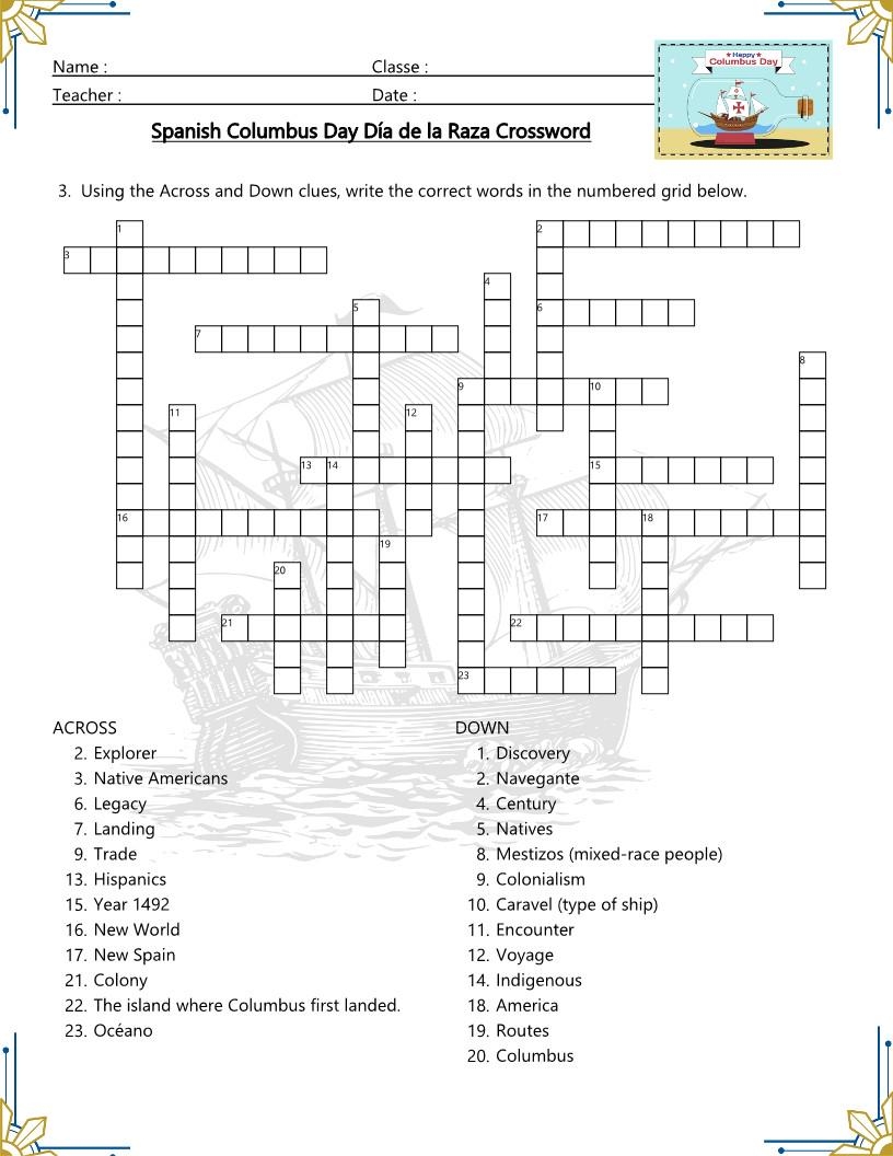 Fun Spanish Columbus Day CRUCIGRAMA Large Print D a De La Raza 3 Crossword Puzzles Vocabulary Activity Instant Download Digital Product Etsy