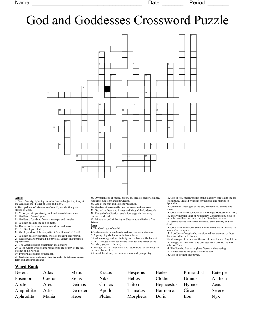 God And Goddesses Crossword Puzzle WordMint