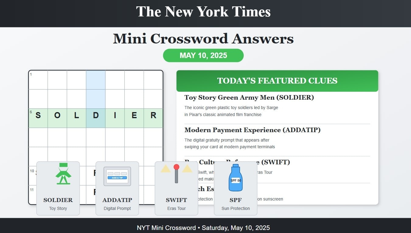 Green Army Men To SPF NYT Mini Crossword Answers For May 10 2025 H2S Media
