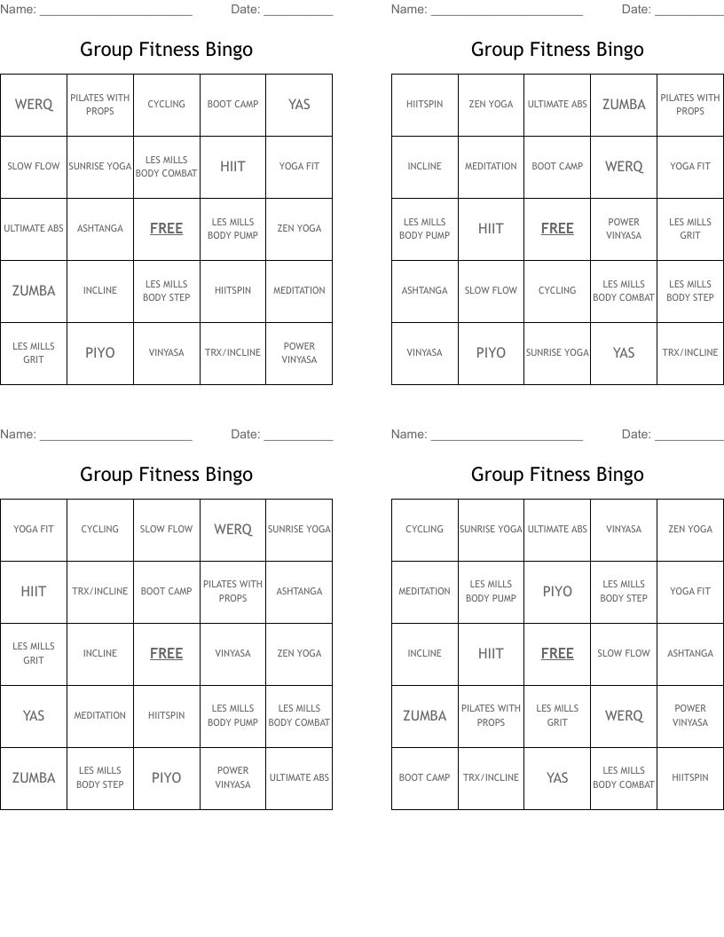 GROUP FITNESS BINGO WordMint
