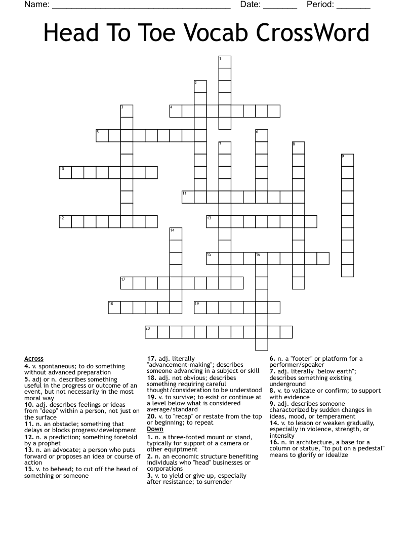 Head To Toe Vocab CrossWord WordMint