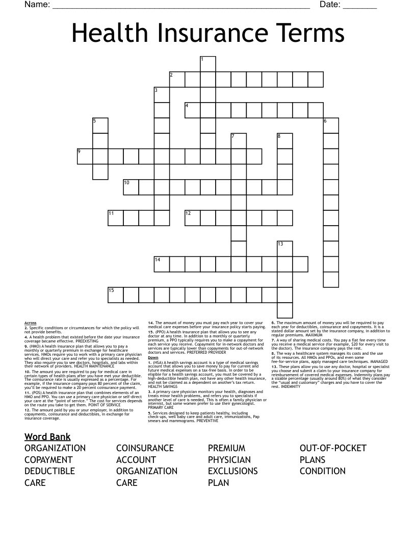Health Insurance Terms Crossword WordMint