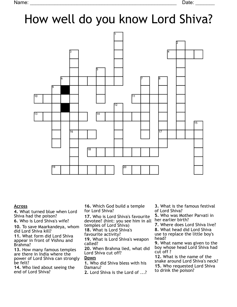 How Well Do You Know Lord Shiva Crossword WordMint