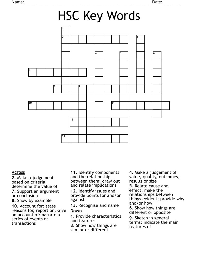 HSC Key Words Crossword WordMint