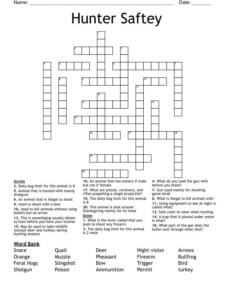Hunter Saftey Crossword WordMint