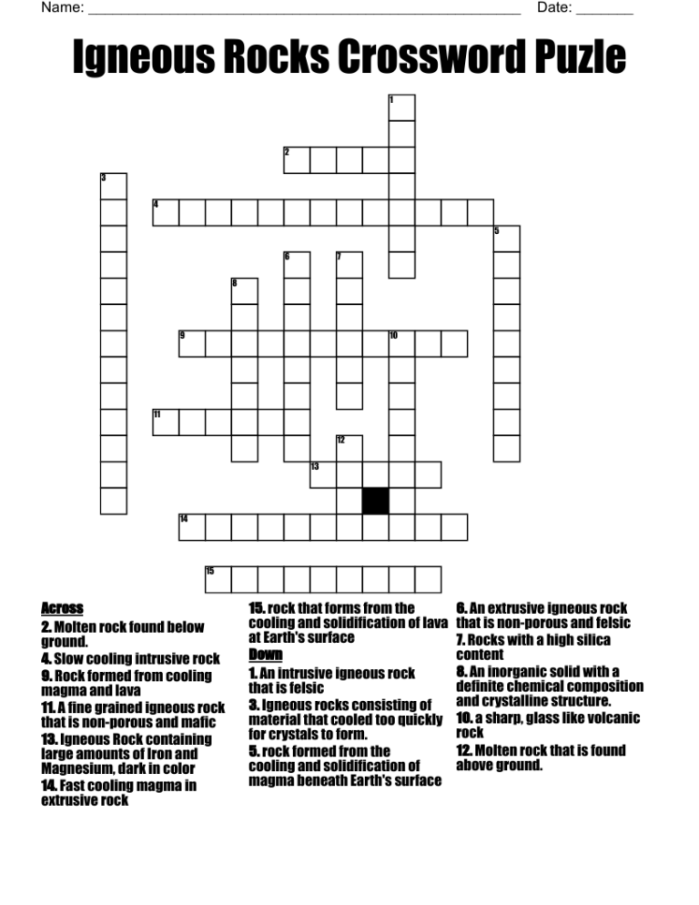Igneous Rocks Crossword Puzle WordMint