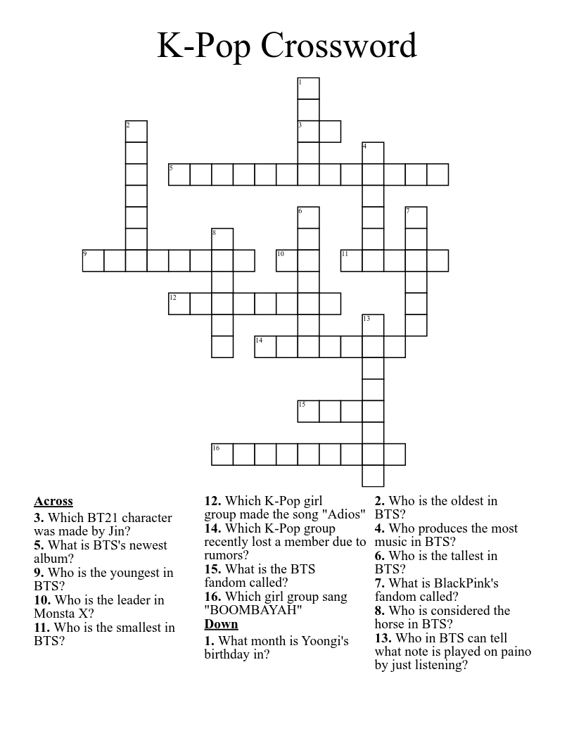 K Pop Crossword WordMint