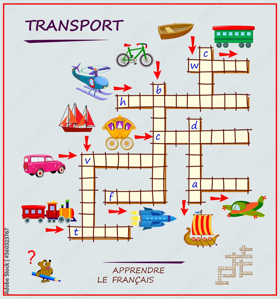 LEARN FRENCH Crossword Puzzle Game With Transport Educational Page For Children To Study French Language And Words Printable Worksheet For Kids Textbook School Exercise Book Flat Vector Stock vektor Adobe Stock