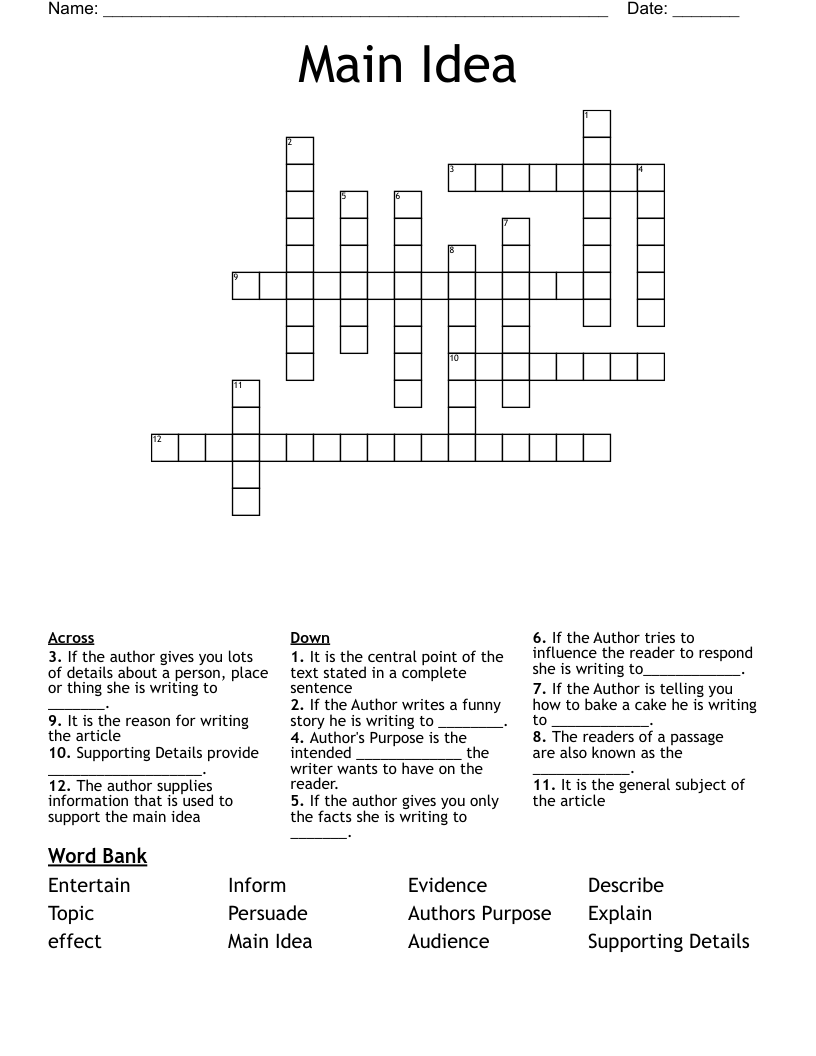 Main Idea Crossword WordMint