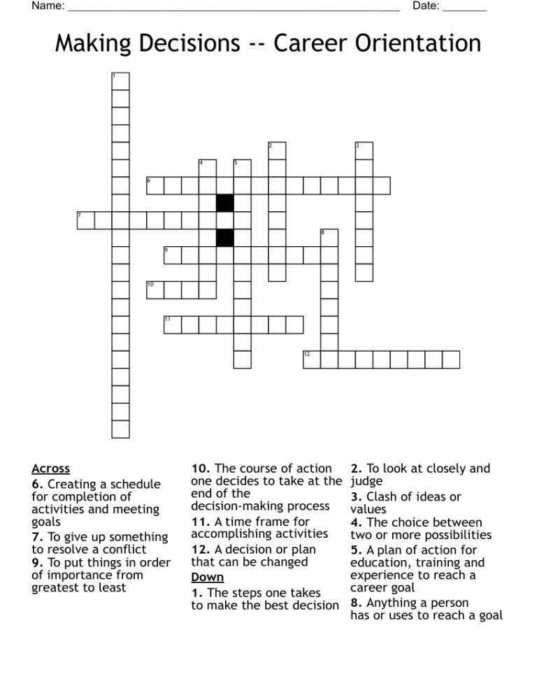Making Decisions Career Orientation Crossword WordMint