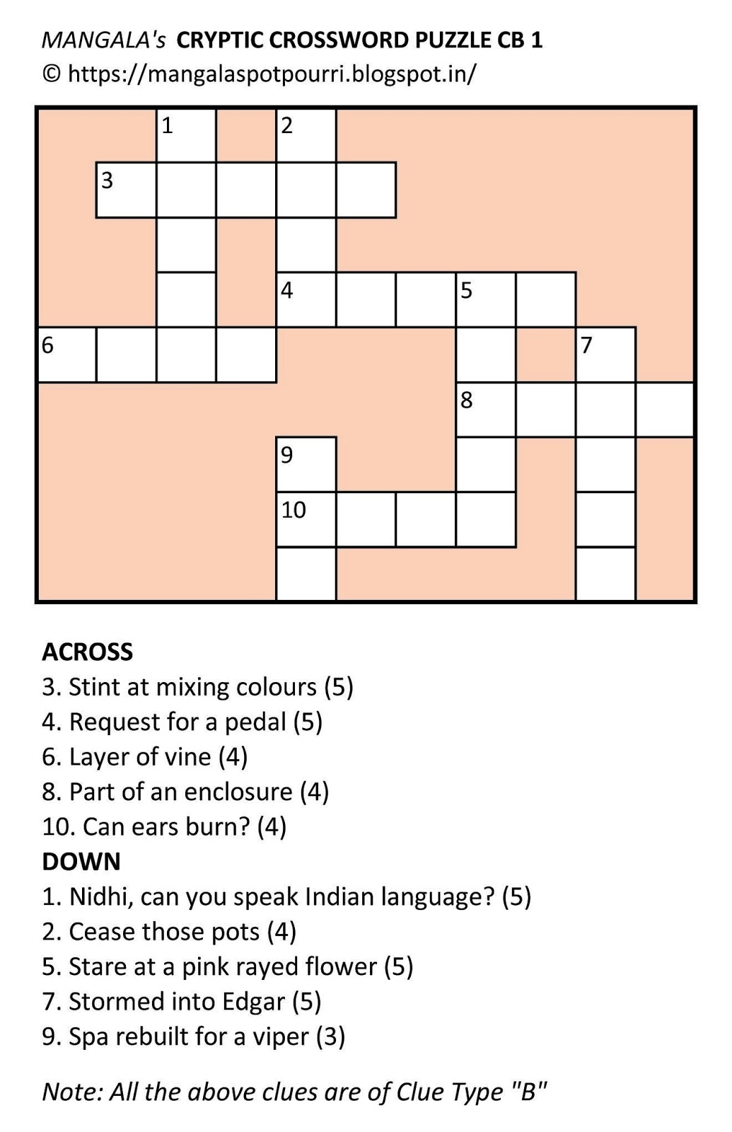 Mangala s Potpourri Mangala s Cryptic Crossword Puzzle CB 1