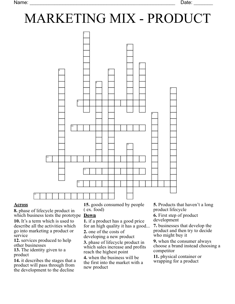 MARKETING MIX PRODUCT Crossword WordMint