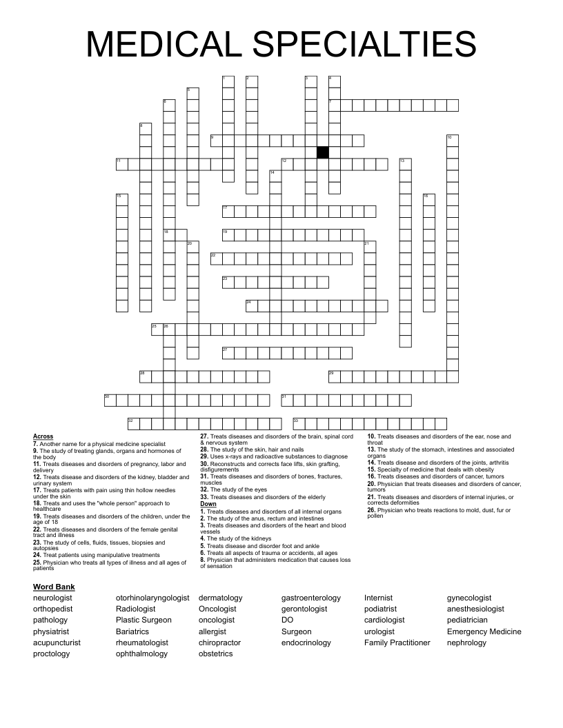 MEDICAL SPECIALTIES Crossword WordMint