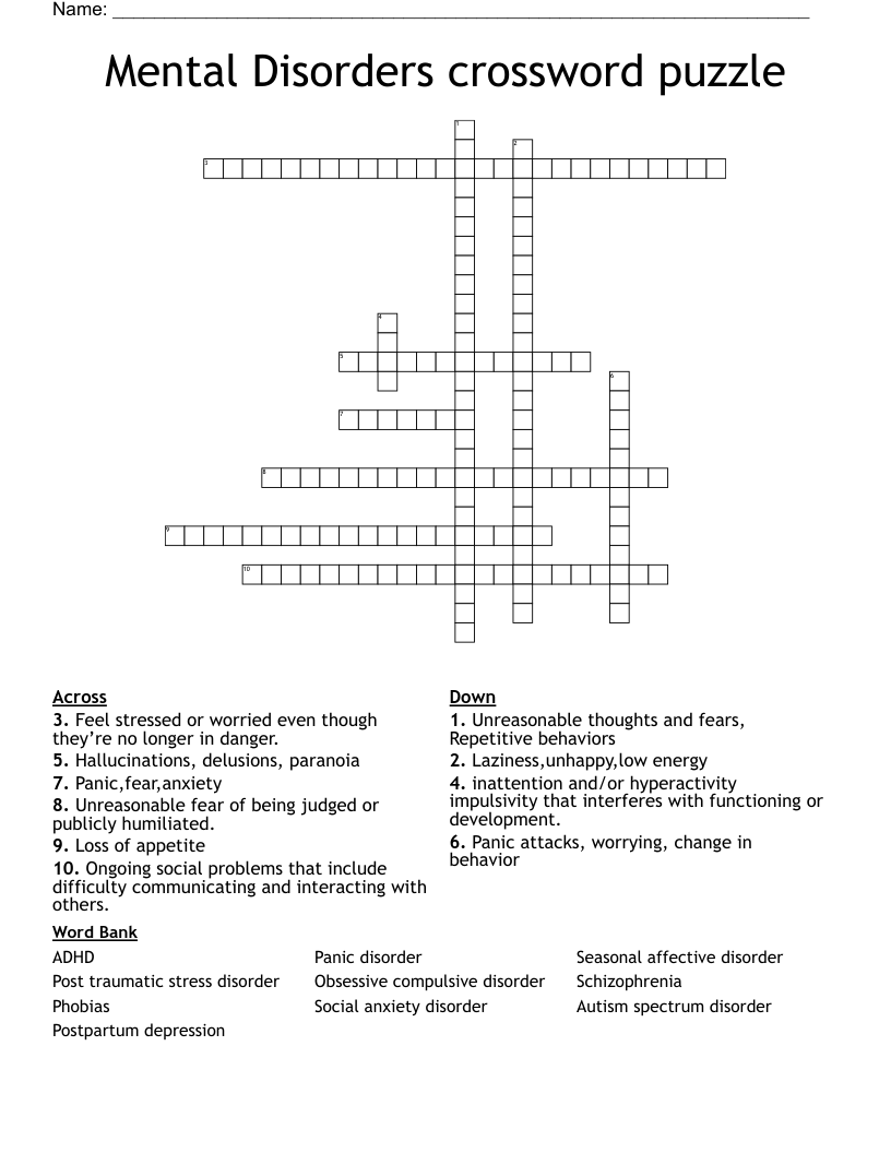 Mental Disorders Crossword Puzzle WordMint