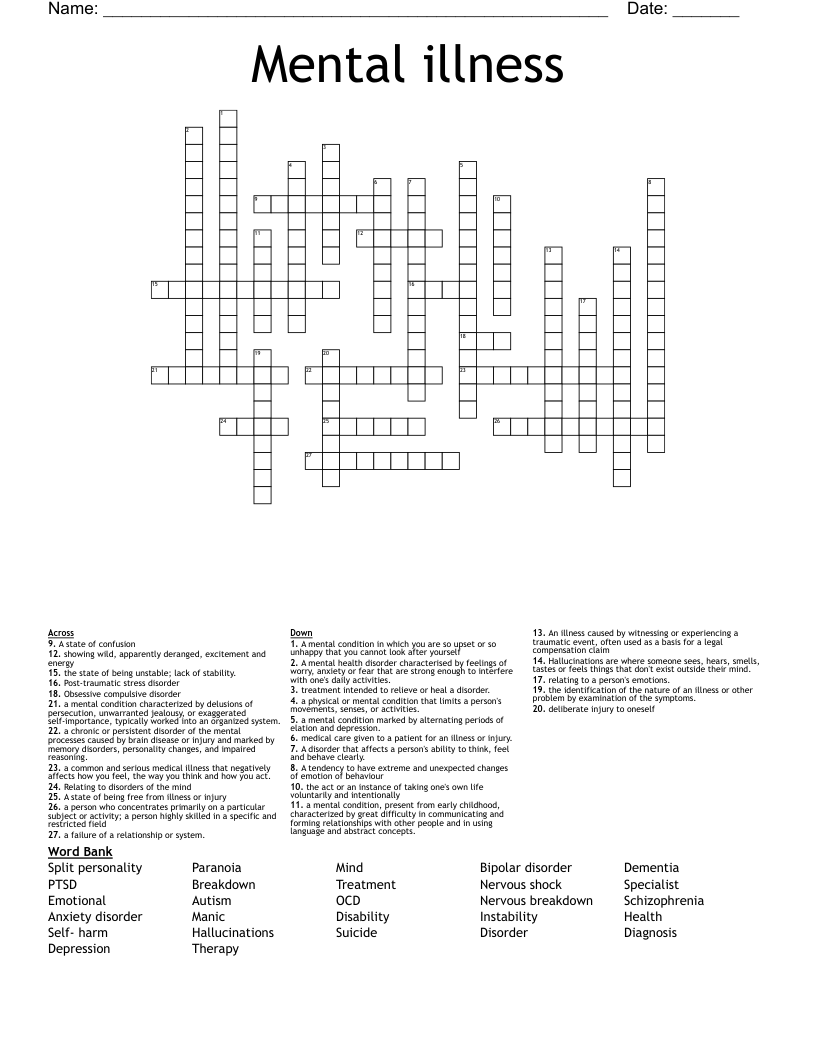 Mental Illness Crossword WordMint