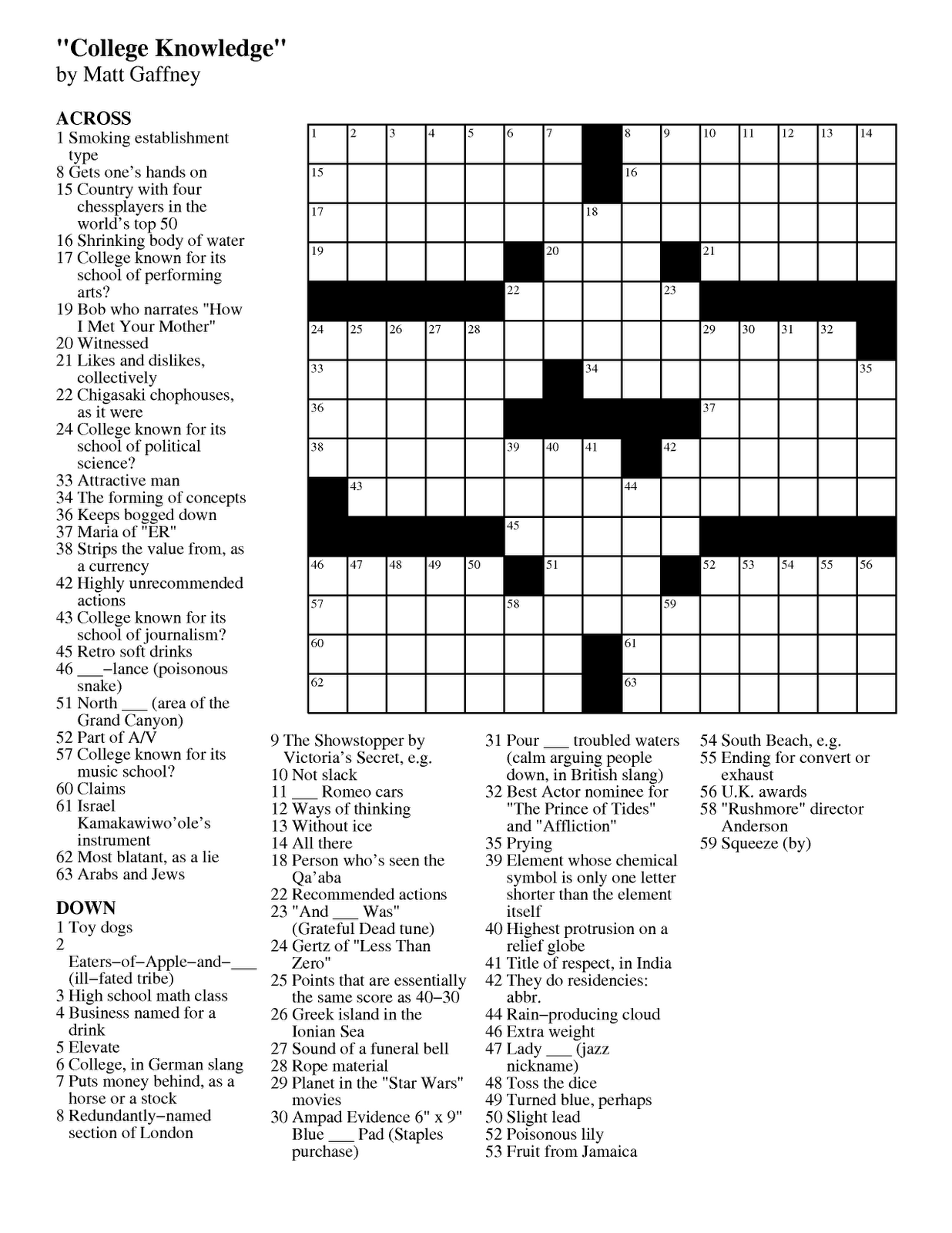 MGWCC 179 Friday Nov 4th 2011 College Knowledge Matt Gaffney s Weekly Crossword Contest