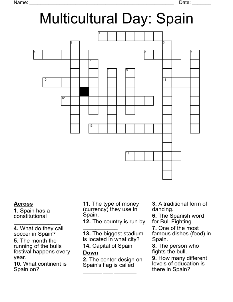 Multicultural Day Spain Crossword WordMint