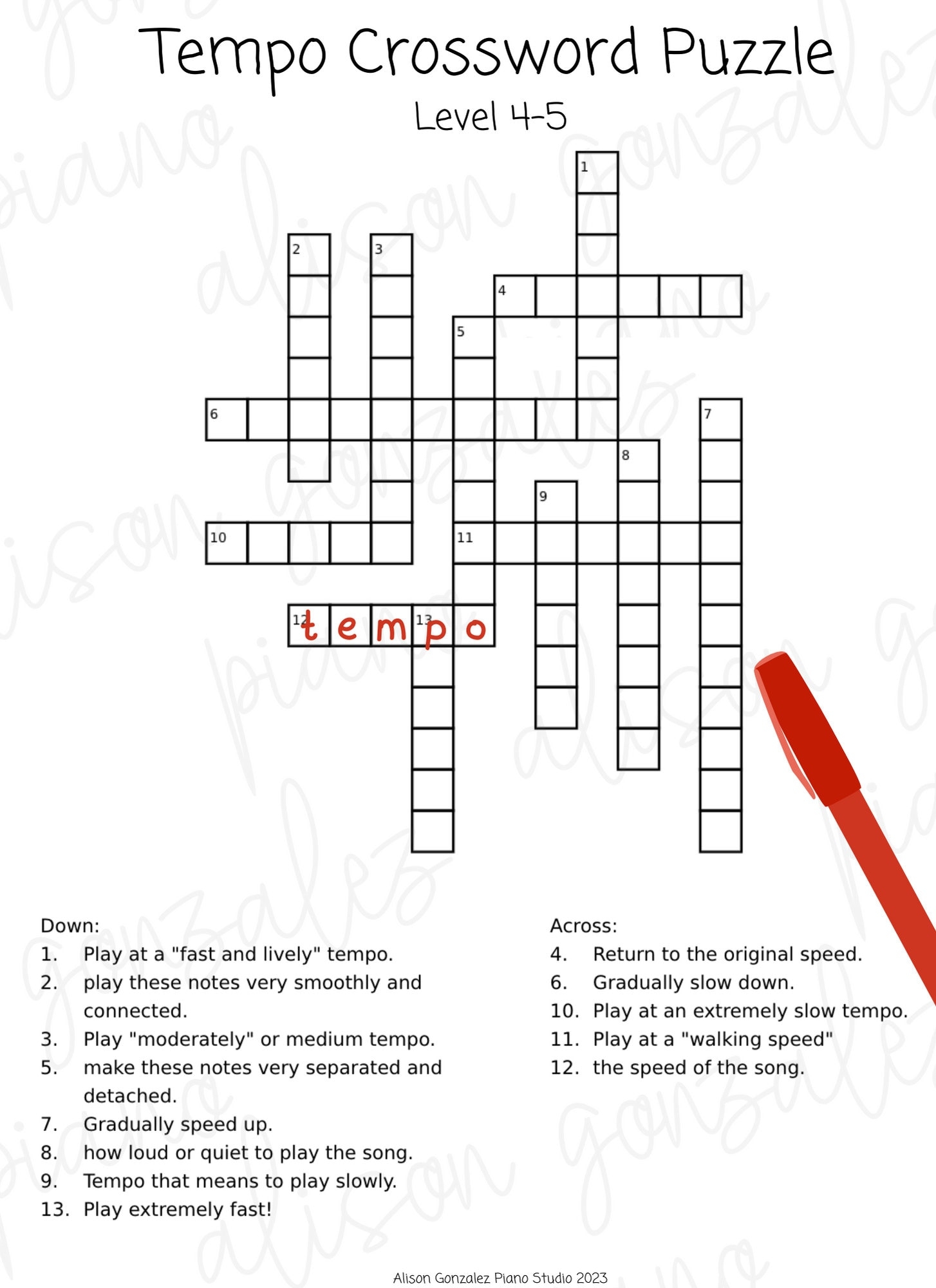 MUSIC CROSSWORD Puzzle Tempo Vocabulary DIGITAL Download Fun Group Worksheets Library