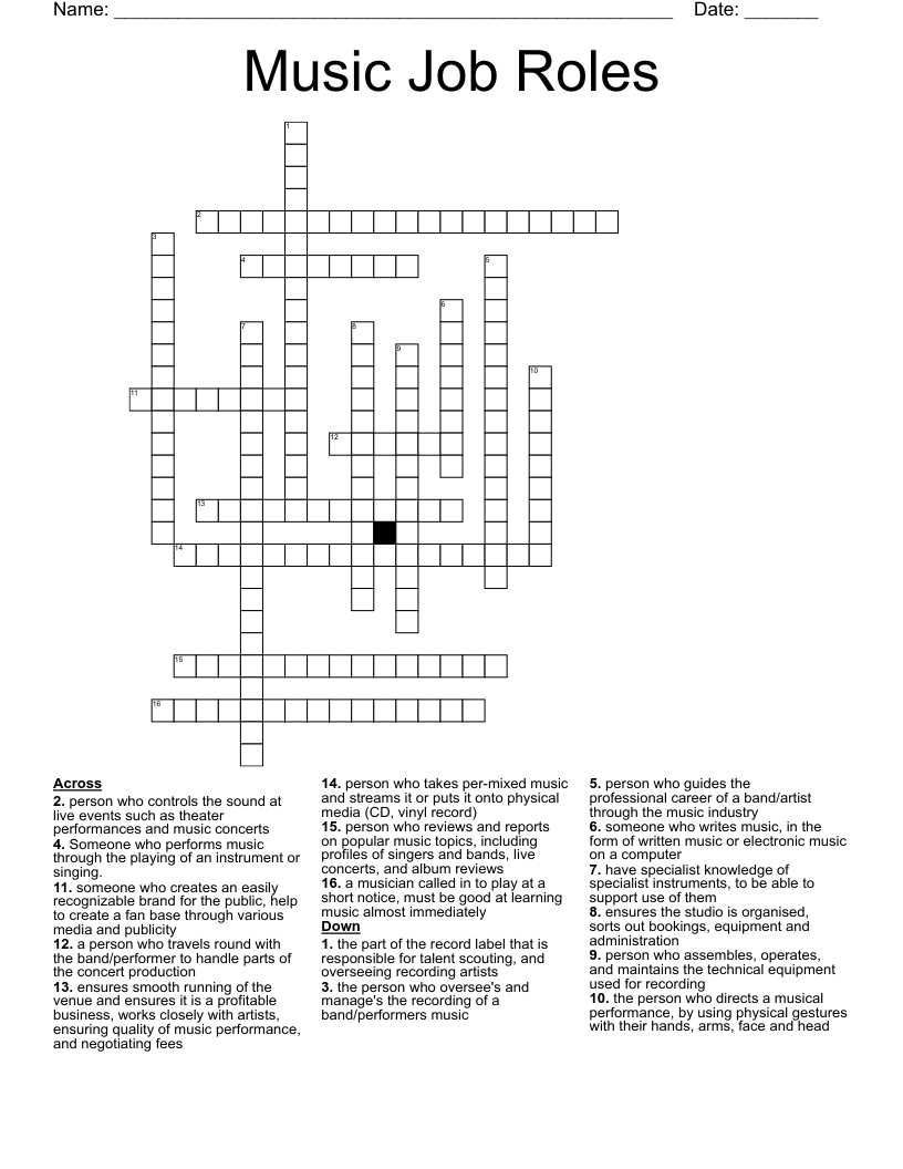 Music Job Roles Crossword WordMint
