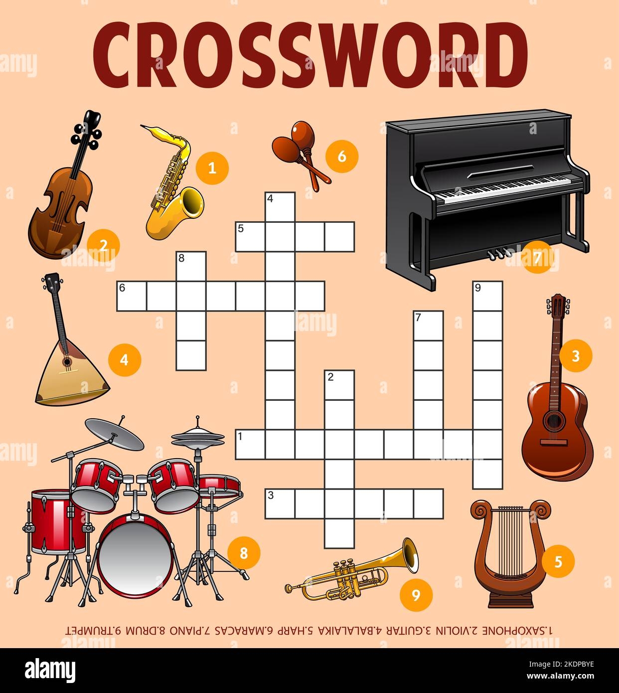 Musical Instruments Crossword Puzzle Worksheet Word Quiz Crossword Puzzle Vocabulary Vector Riddle With Violin Saxophone And Balalaika Drum Trumpet Lyre And Guitar Piano Maraca Instruments Stock Vector Image Art Alamy