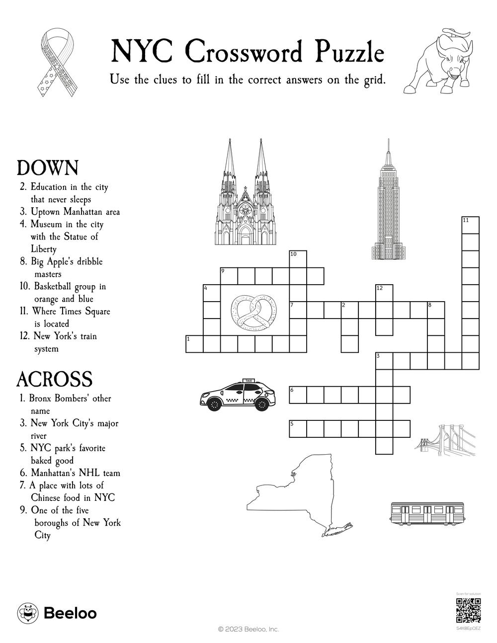 New York City themed Crossword Puzzles Beeloo Printable Crafts And Activities For Kids