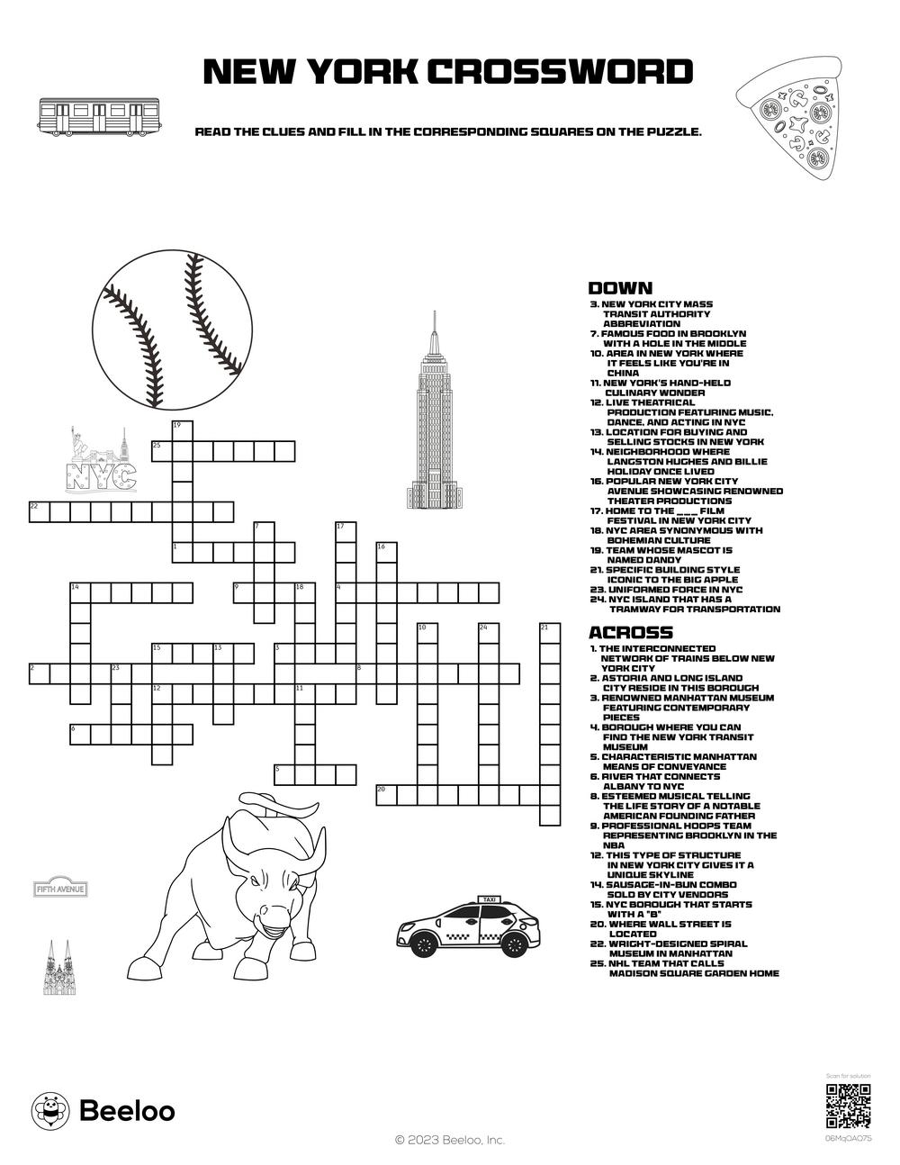 New York City themed Crossword Puzzles Beeloo Printable Crafts And Activities For Kids