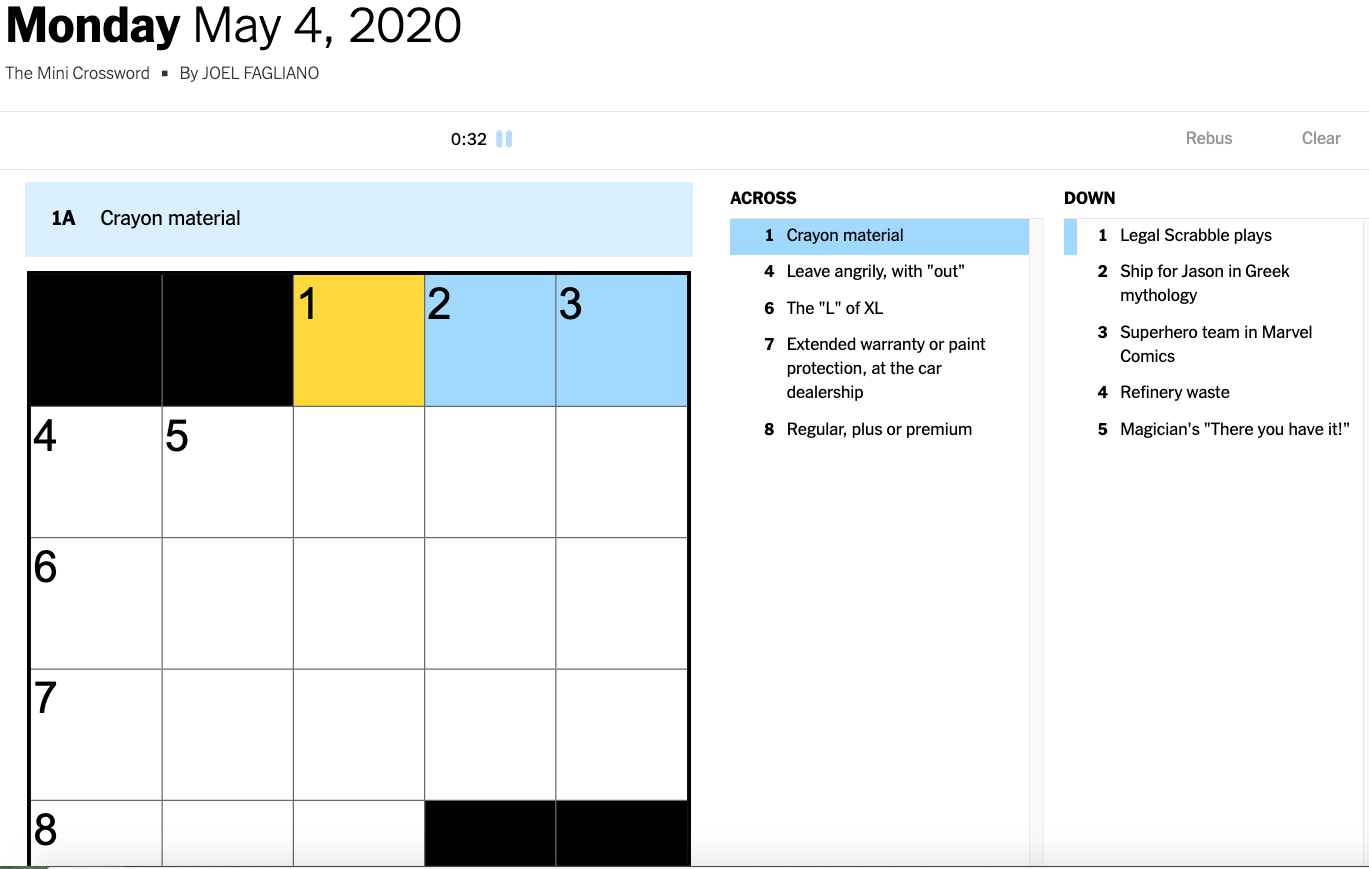 New York Times Mini Crossword Puzzle May 4 2020 A Journal Of The Plague Year Covid 19 Archive