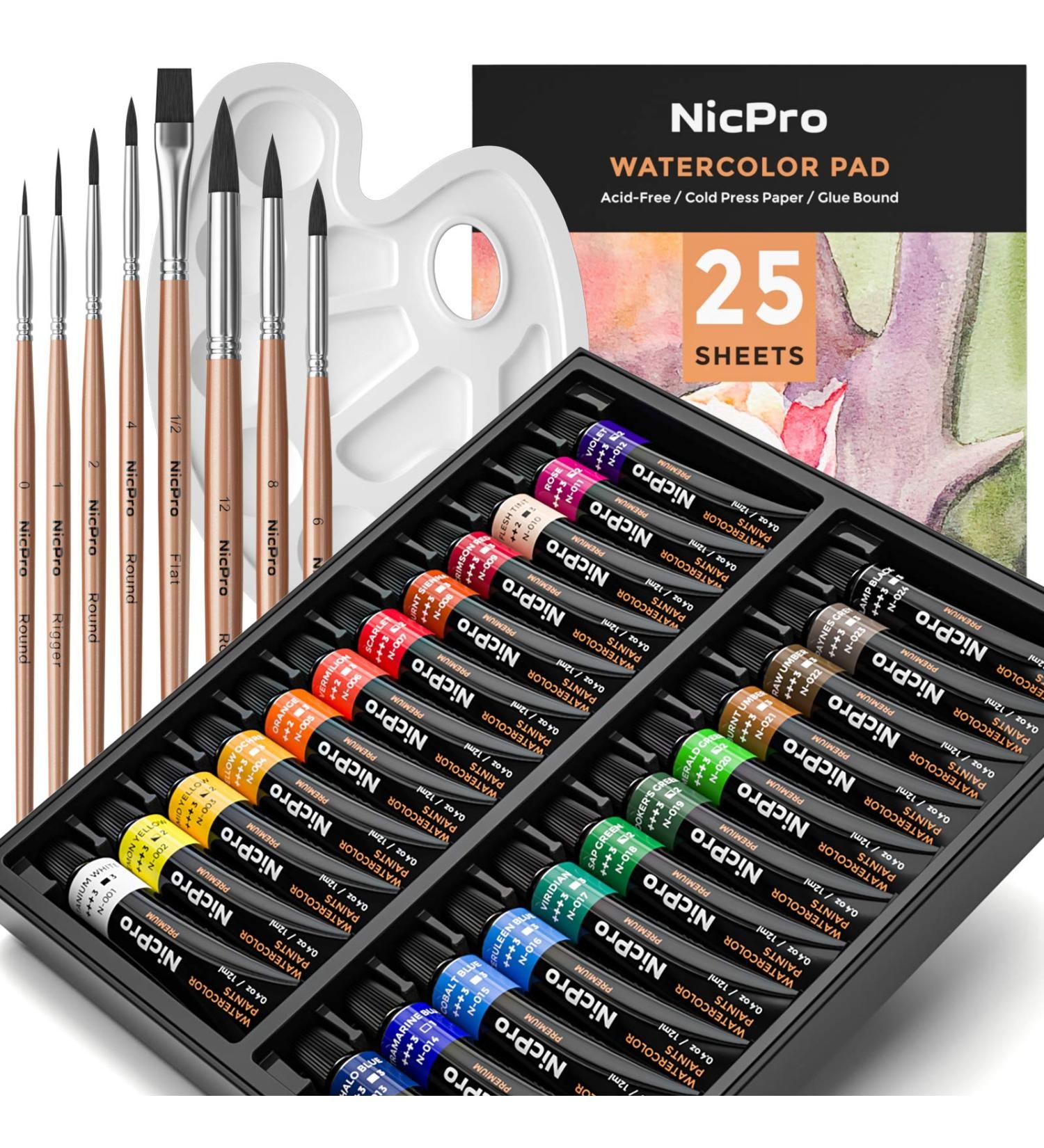 Nicpro Watercolor Paint Kit 24 Tube Water Color Paints 8 Brushes 25 Art Papers Palette Color Wheel Professional Painting Supplies Set For Artists Students Kids Adults Buy