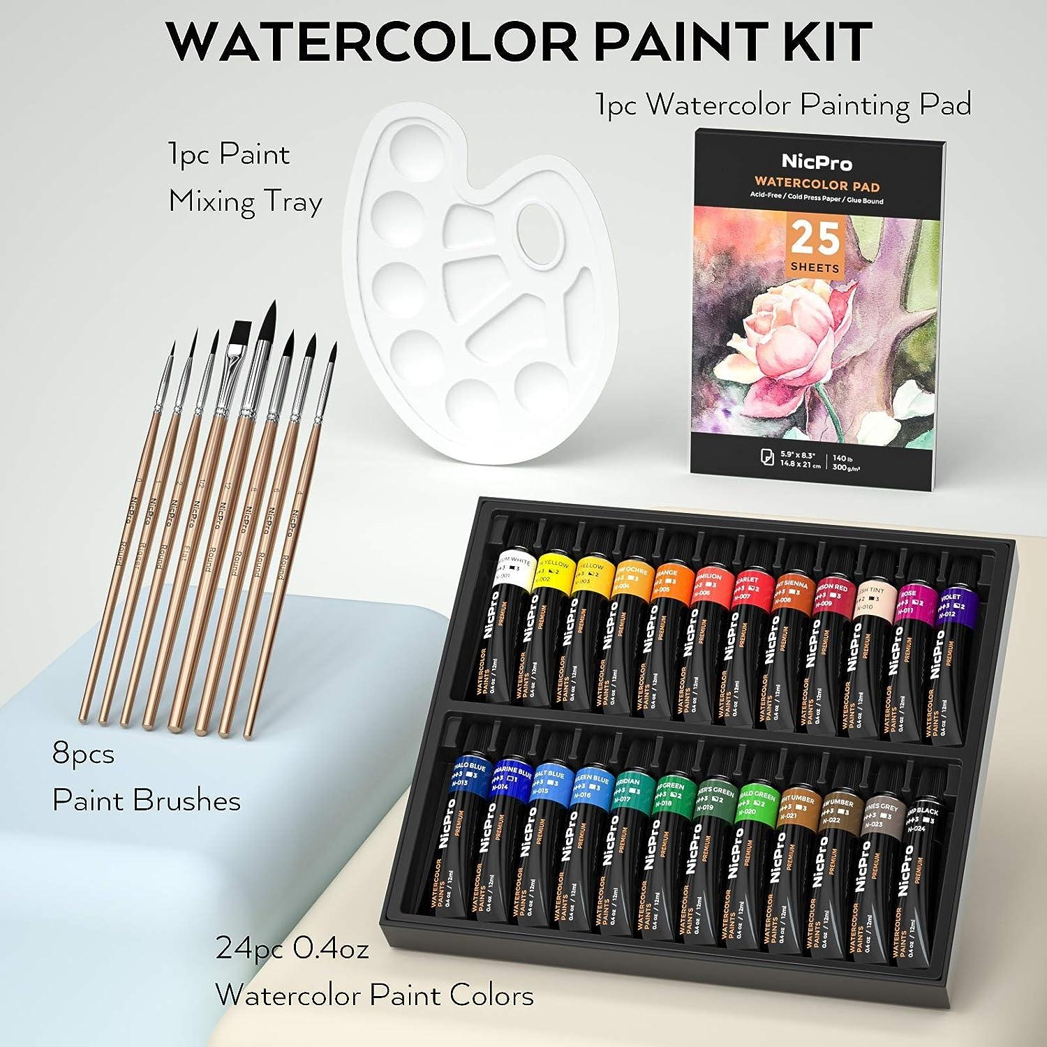 Nicpro Watercolor Paint Kit 24 Tube Water Color Paints 8 Brushes 25 Art Papers Palette Color Wheel Professional Painting Supplies Set For Artists Students Kids Adults Buy