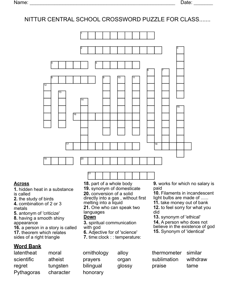 NITTUR CENTRAL SCHOOL CROSSWORD PUZZLE FOR CLASS WordMint NITTUR CENTRAL SCHOOL CROSSWORD PUZZLE FOR CLASS WordMint