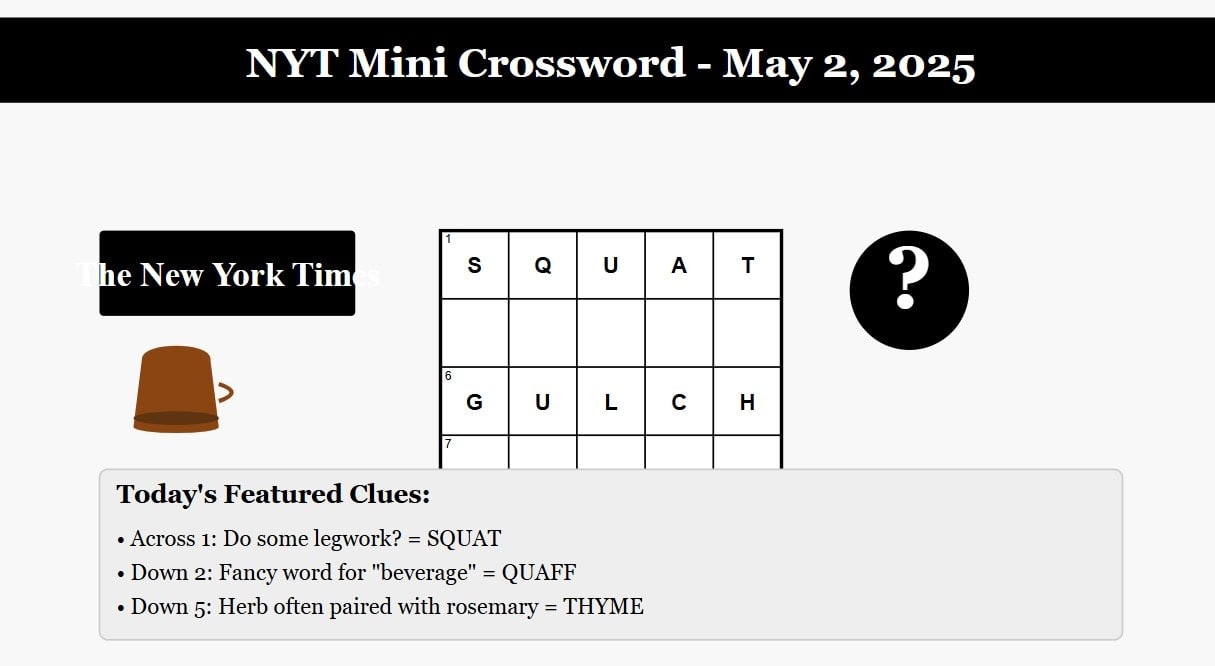 NYT Mini Crossword Puzzle Answers For May 2 2025 Your Daily Brain Boost H2S Media