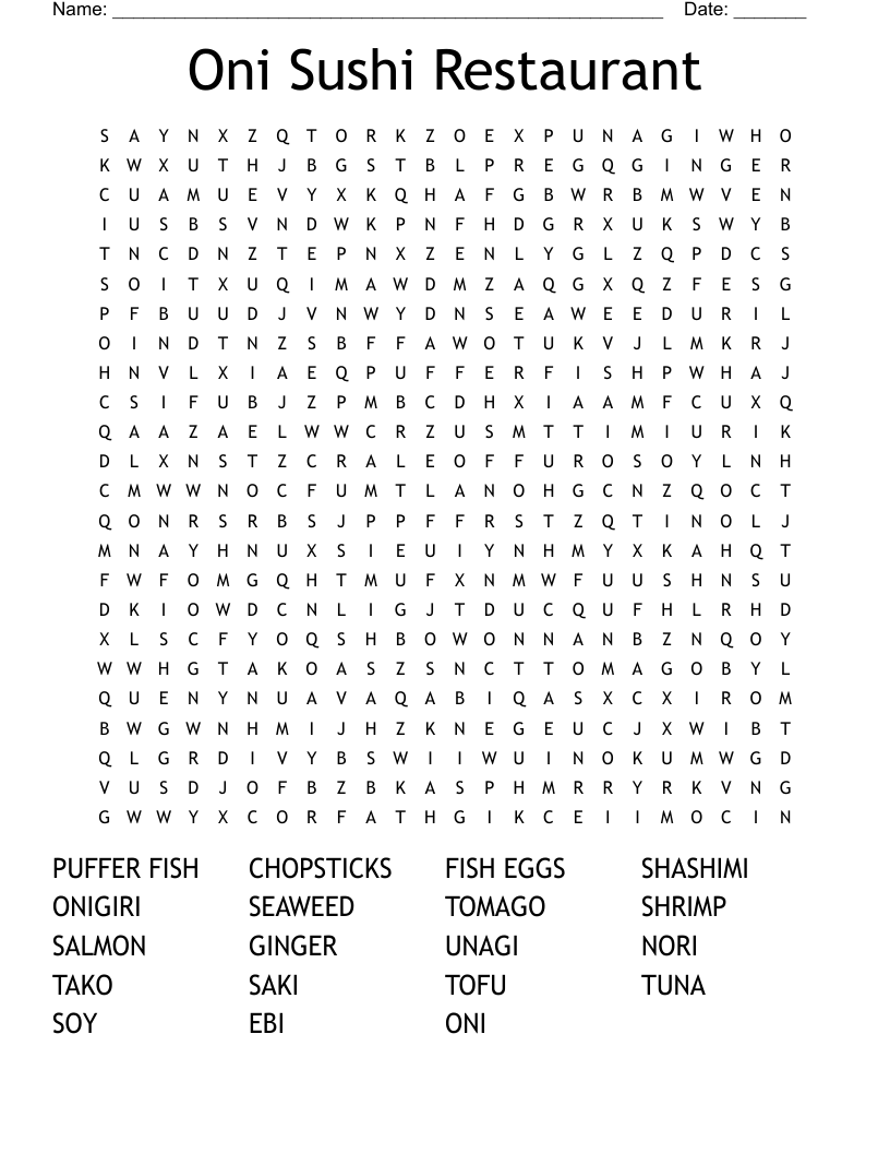 Oni Sushi Restaurant Word Search WordMint