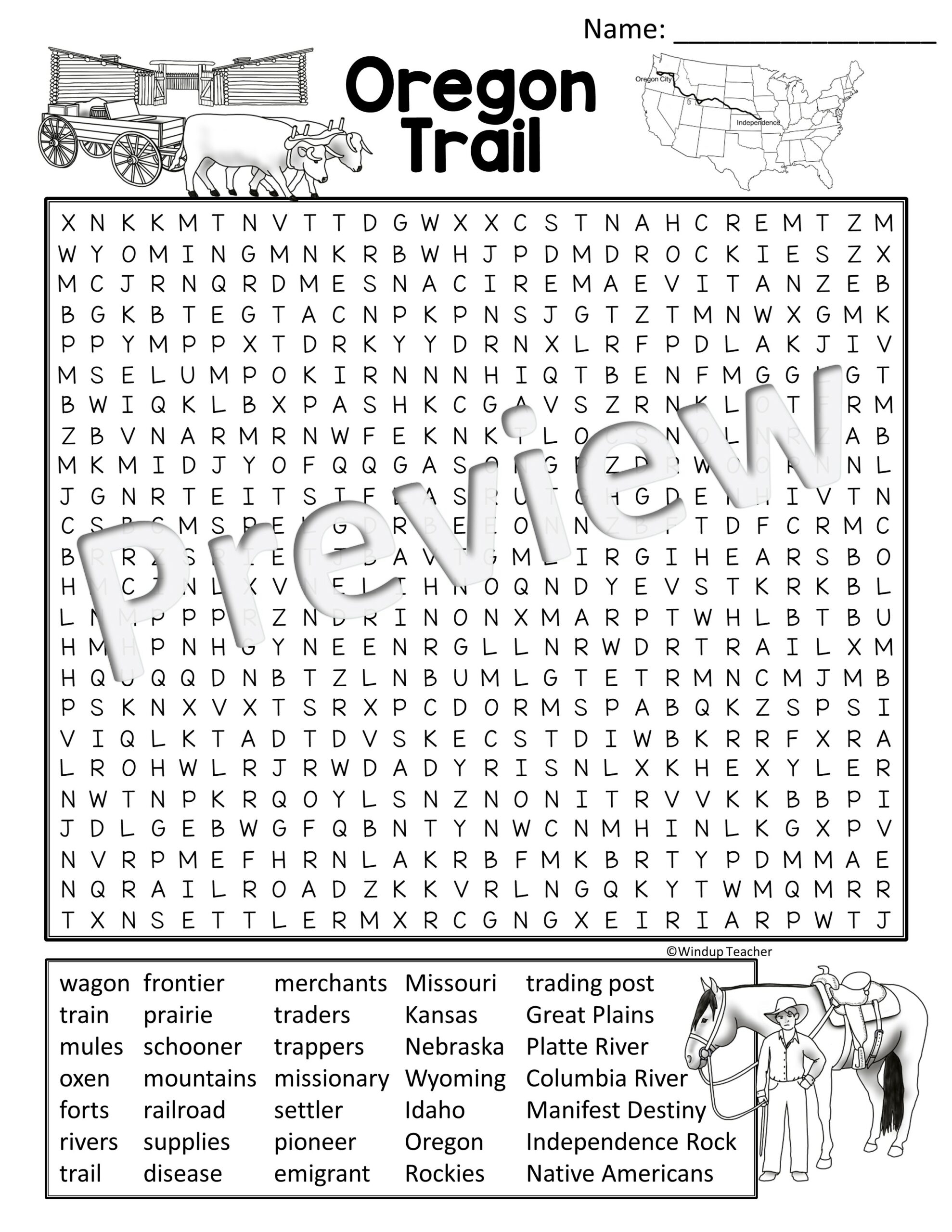 Oregon Trail Word Search Activity Printable Hard For Grades 5 To Adult Classful