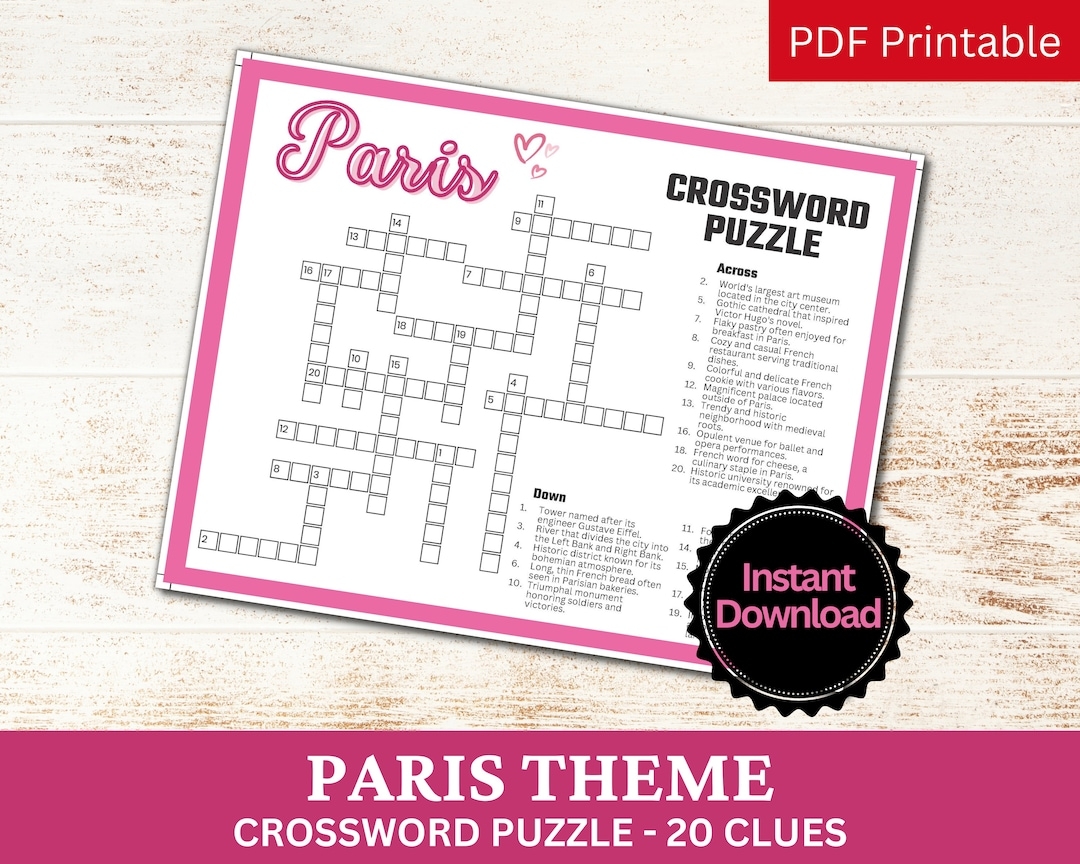 Paris Crossword Puzzle Printable Game Fun Travel Theme Birthday Activity Love France City French Gathering Word Game PDF Parisian Party Etsy