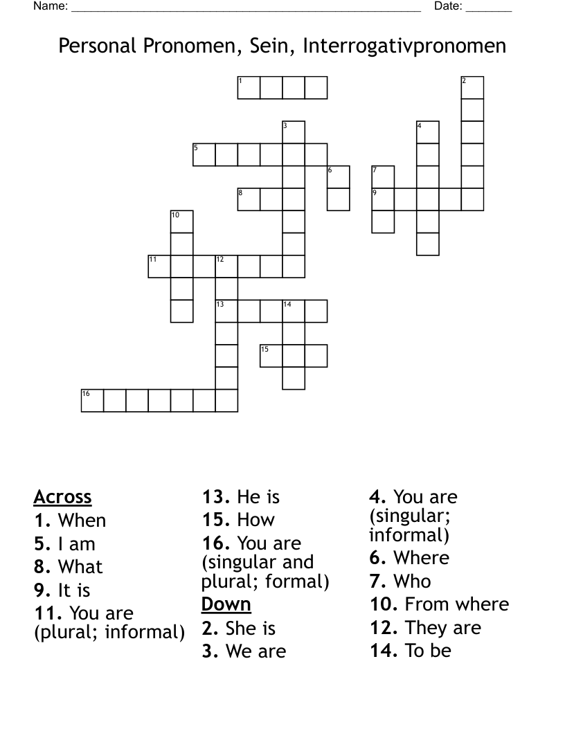 Personal Pronomen Sein Interrogativpronomen Crossword WordMint