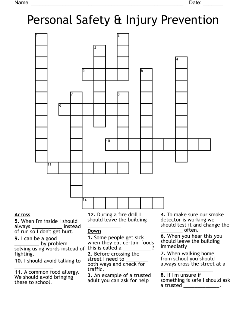 Personal Safety Injury Prevention Crossword WordMint