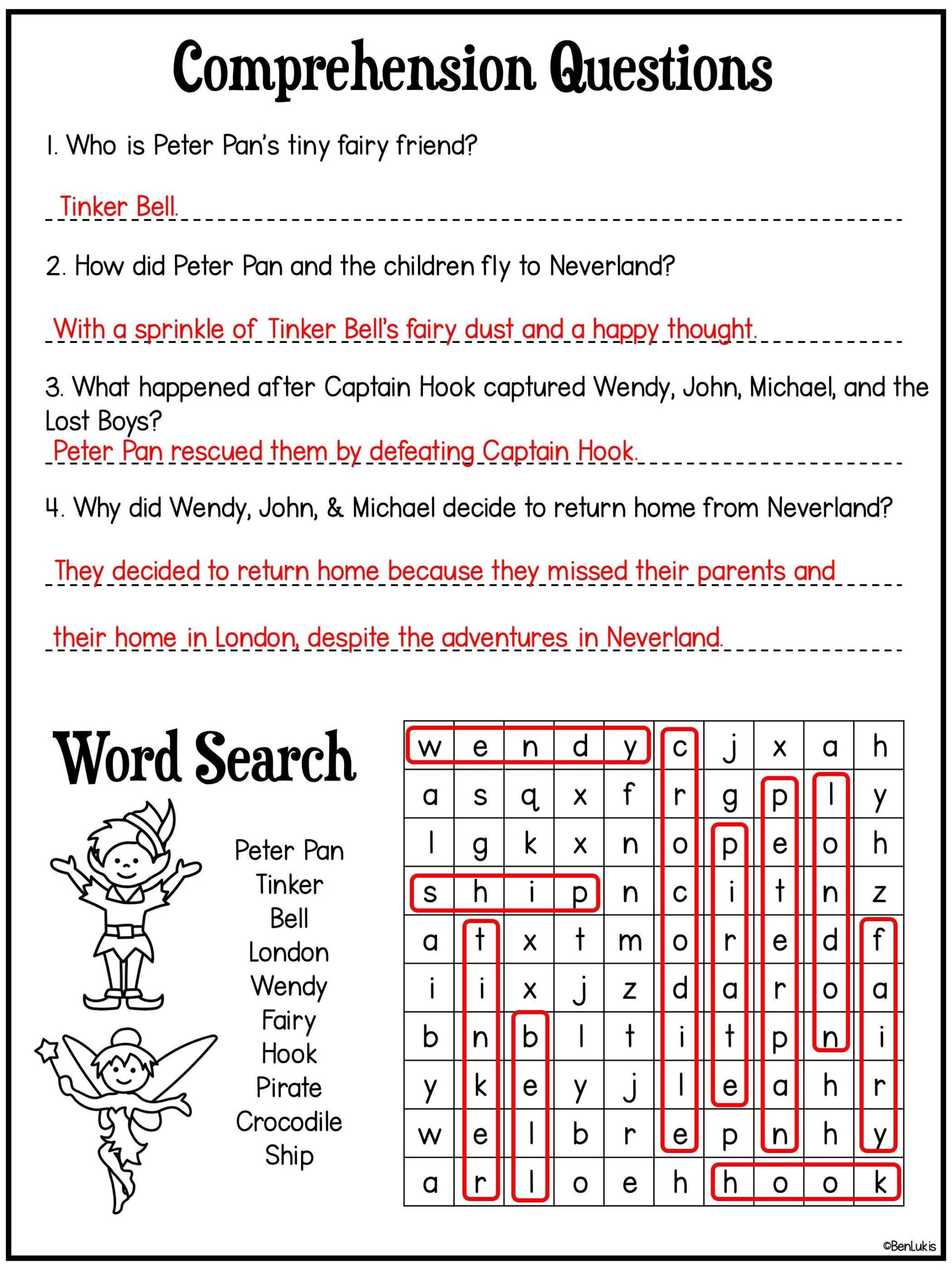 Peter Pan Reading Comprehension Word Search Coloring Pages Fun Educational Worksheets Printable Activity Book For Kids Homeschool Fun Etsy