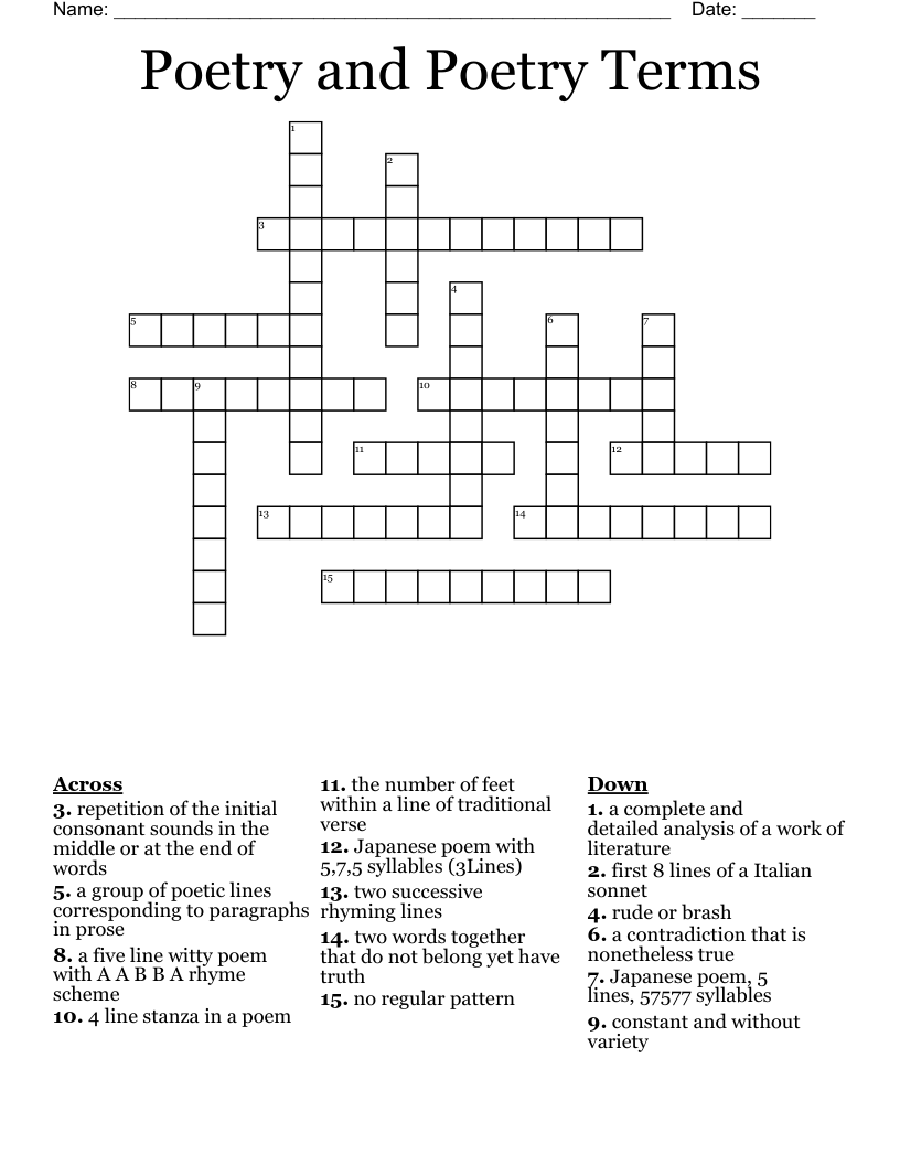 Poetry And Poetry Terms Crossword WordMint
