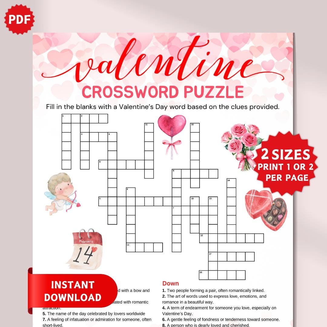 Printable Valentines Day Crossword Puzzle Valentine Party Game For Adults Kids Family Games Word Puzzle Valentines Classroom Activity Etsy