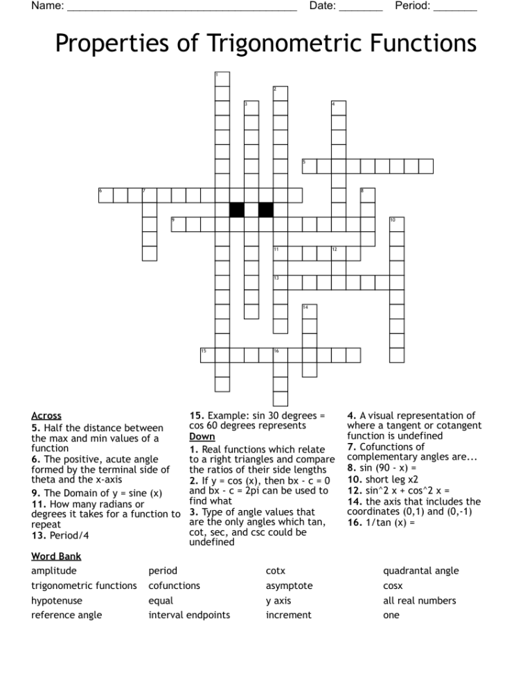 Properties Of Trigonometric Functions Crossword WordMint