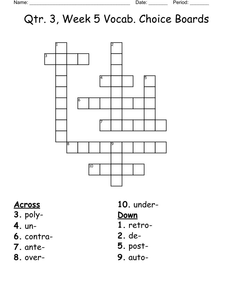 Qtr 3 Week 5 Vocab Choice Boards Crossword WordMint
