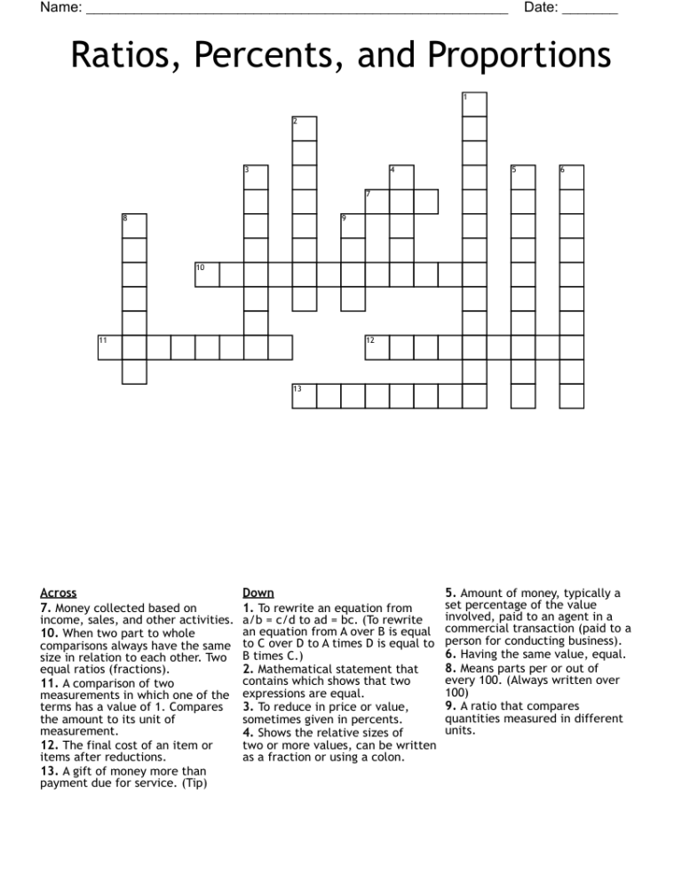 Ratios Percents And Proportions Crossword WordMint