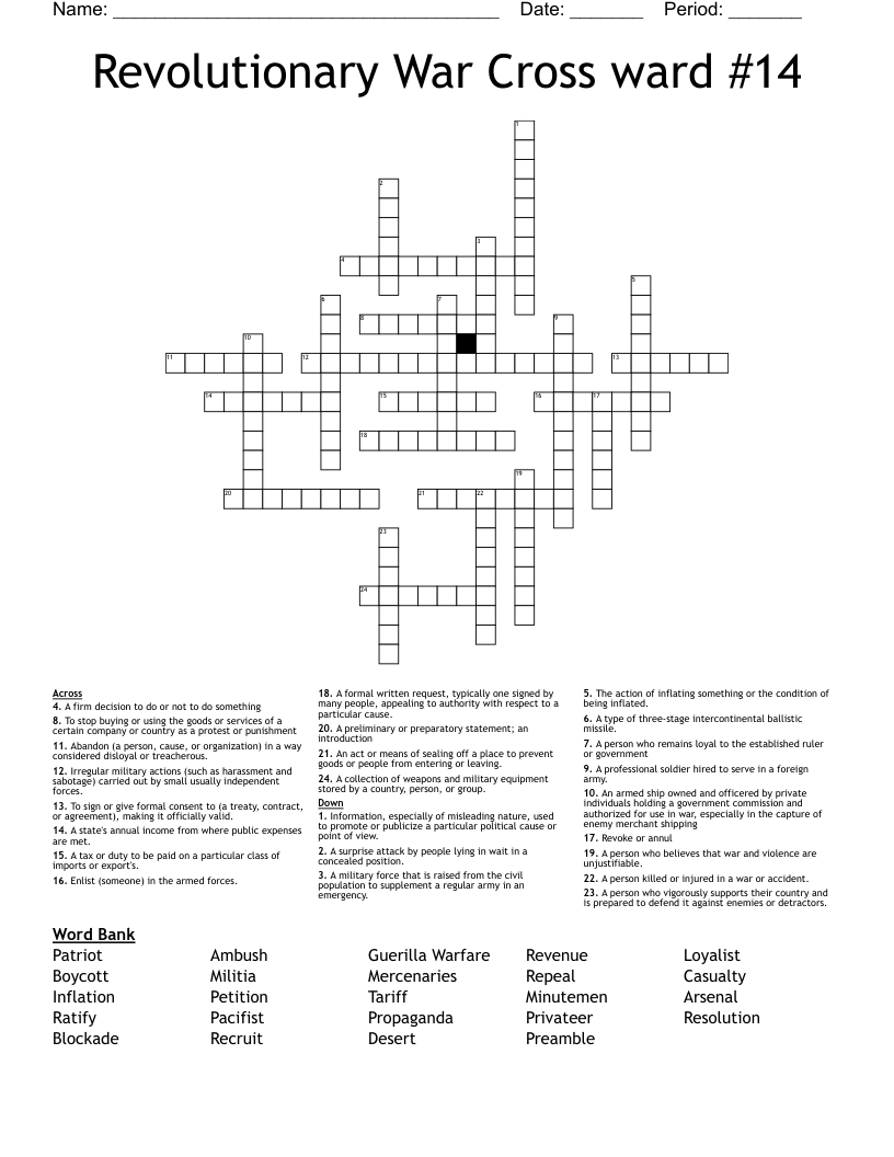 Revolutionary War Cross Ward 14 Crossword WordMint