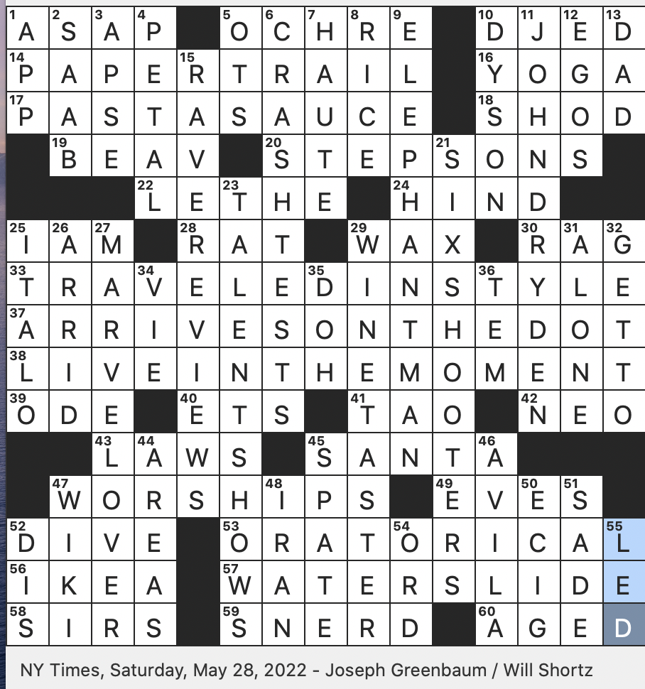 Rex Parker Does The NYT Crossword Puzzle England s First Poet Laureate 1668 SAT 5 28 22 Mortimer Famed Ventriloquy Dummy Of Old Longevous Order With Four Periods Relative Of