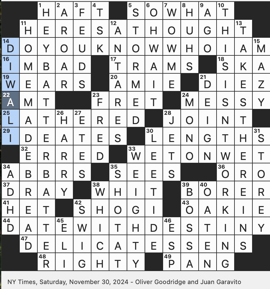 Rex Parker Does The NYT Crossword Puzzle Japanese Game Using Pentagonal Pieces SAT 11 30 24 Holiday Honoring Lakshmi The Hindu Goddess Of Fortune End Result Of A Starter One