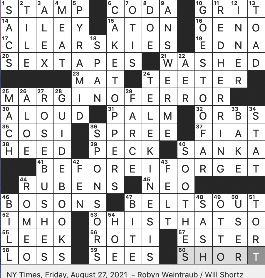 Rex Parker Does The NYT Crossword Puzzle San Francisco based Candy Brand FRI 8 27 21 Chef Lewis Who Wrote The Taste Of Country Cooking Product Whose Name Comes From The French
