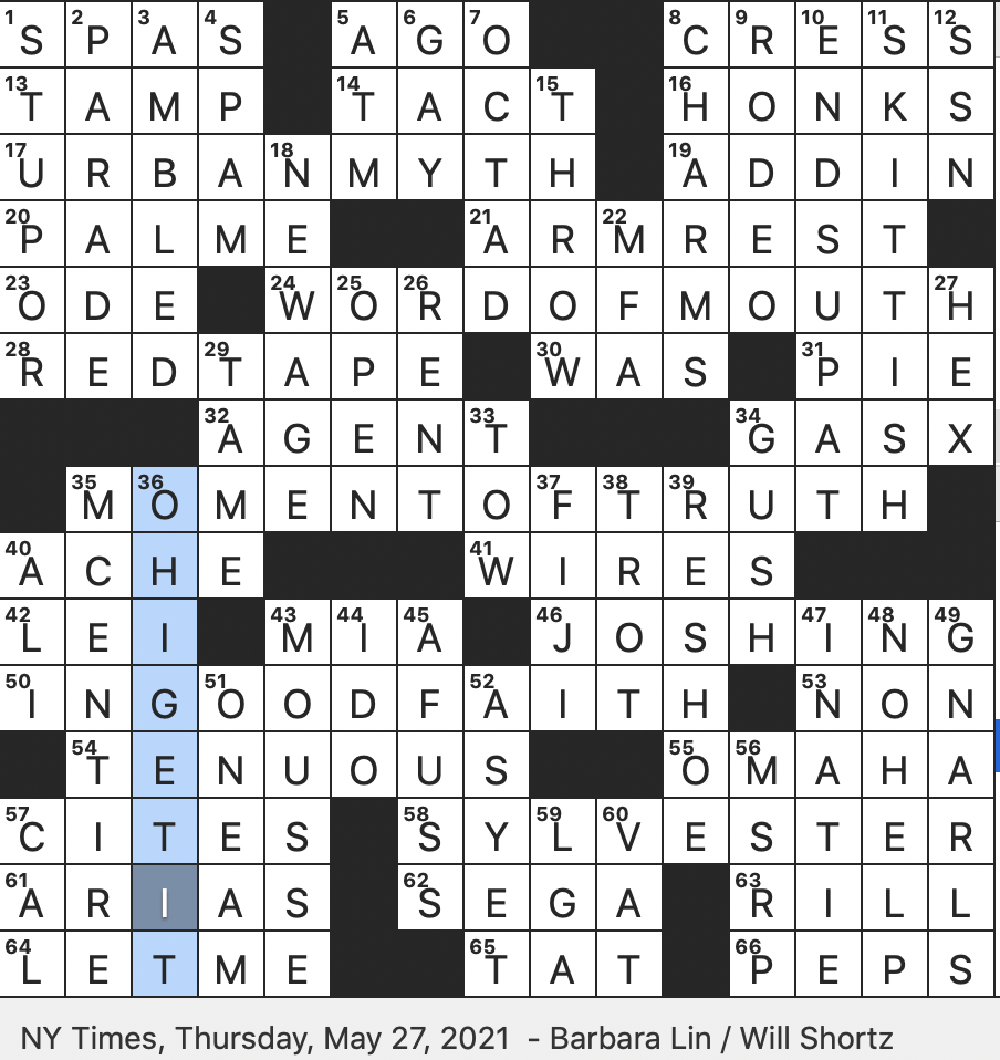 Rex Parker Does The NYT Crossword Puzzle Super Monkey Ball Company THU 5 27 21 Minnie s Promise Madama Butterfly Has Four Movement Associated With Crystal Healing Peppery Salad Ingredient